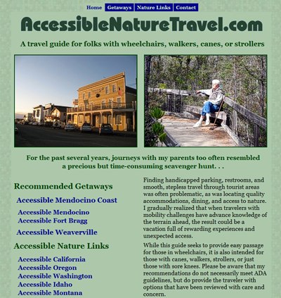Accessible Nature Travel: a travel guide -- website design and maintenance by Sienna M Potts