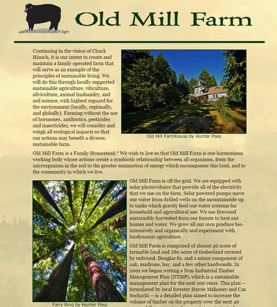 Old Mill Farm: a family farm on the Mendocino Coast -- website design and maintenance by Sienna M Potts